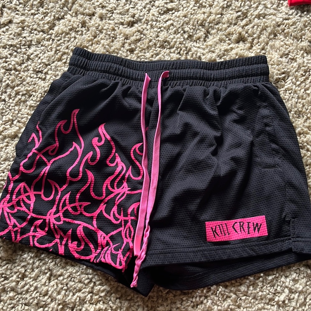 Kill Crew MUAY THAI FLAME SHORTS (MID THIGH CUT) Black/Pink